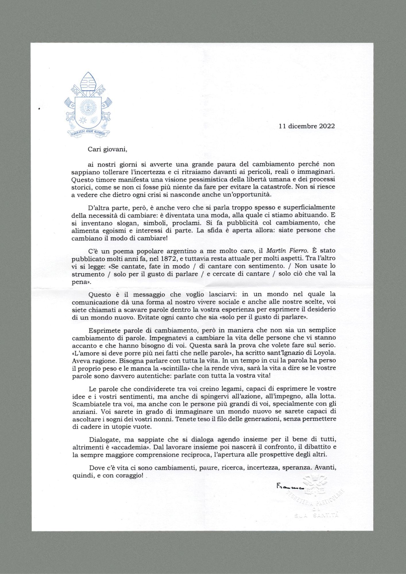 La lettera di Papa Francesco